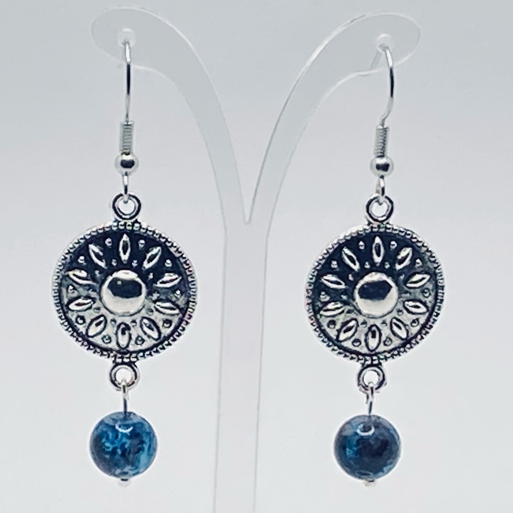 Simple drop earrings medium length two tone bead with silver pendant pair